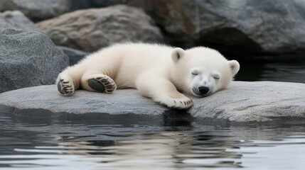 A polar bear cub is curled up and sleeping soundly, showcasing its long claws against a backdrop of gray rock and water at an animal park