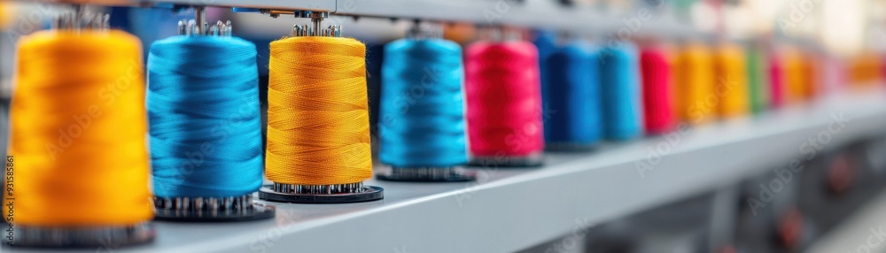 Poster a vibrant display of colorful thread spools arranged neatly on a shelf, perfect for sewing and craft