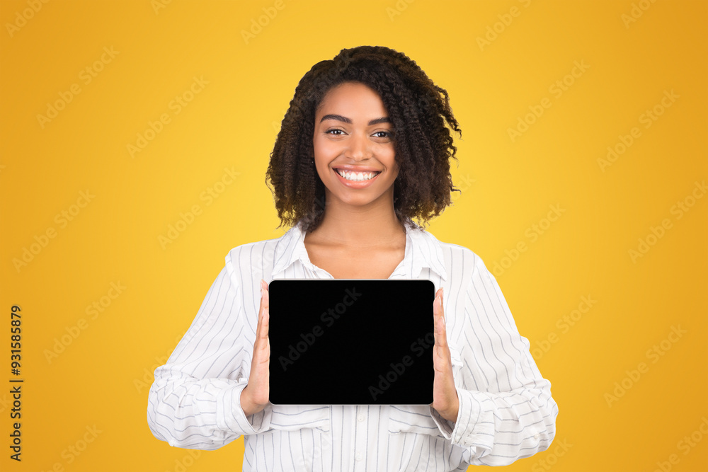 Poster tablet app advertising. black woman showing blank computer screen at studio over white background. e