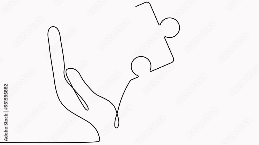 Poster hands hold puzzle piece continuous line drawing animated video. teamwork concept animation.