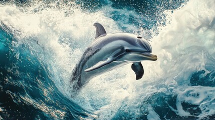 Naklejka premium A playful dolphin leaps gracefully above the vibrant ocean waves, showcasing its agility and the beauty of marine life.