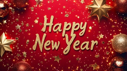 Happy New Year text on a red background with golden decorations. Perfect for holiday greetings, New Year cards, or festive designs.