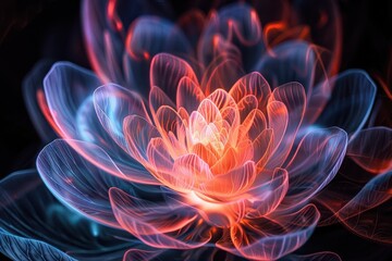 Obraz premium An abstract holographic flower with petals made of light, glowing softly in a dark background
