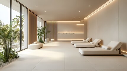 A tranquil spa interior featuring minimalistic design, relaxation lounges, natural light, and lush greenery for a calming atmosphere.