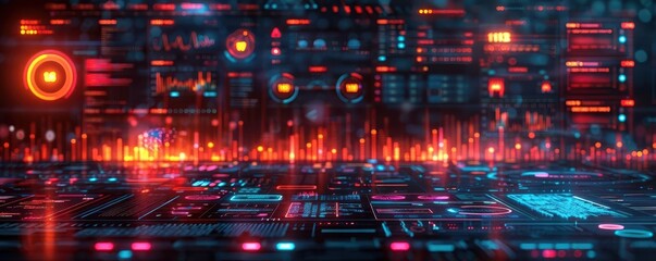 Fototapeta premium Predictive analytics visualized as futuristic graphs, front view, showcasing data trends, technology tone, Complementary Color Scheme,