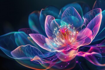 An abstract holographic flower with petals made of light, glowing softly in a dark background