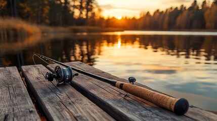 A well-used fishing rod and reel resting on a wooden dock, golden hour light creating warm reflections on the water, background of a tranquil lake and distant trees, nostalgic and reflective mood,