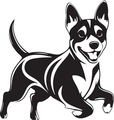  a dog in silhouette, featuring sleek black outlines against a pristine white background. The dogmas a happy, playful expression