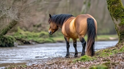 Naklejka premium A wild horse stands on a grassy bank near clear water, enjoying the peaceful surroundings of a forested area under bright noon sunlight