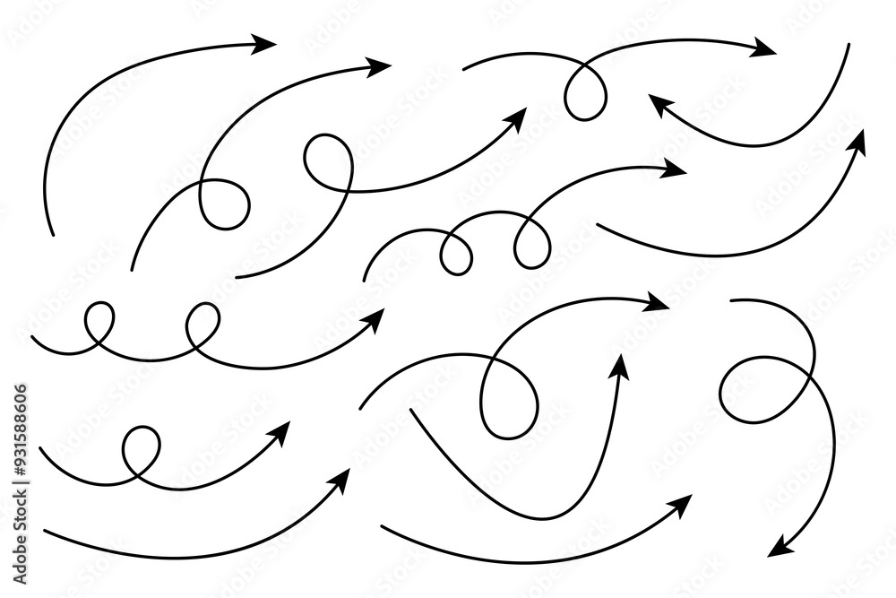 Poster collection of curved arrows. set simple curved hand drawn arrows. collection of pointers.