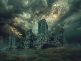 Fototapeta premium Medieval castle ruins, stormy sky, dramatic, high detail, vibrant colors