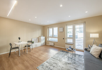 Modern Home Living Room and Windows, Balcony Luxurious Stylish Modern Apartment. Open Interior, Stylish Sofa, White Furniture, Scandinavian Design