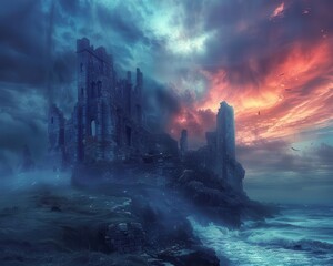 Medieval castle ruins, stormy sky, vibrant colors, high detail, dramatic
