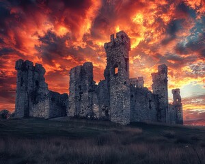 Fototapeta premium Medieval castle ruins, stormy sky, vibrant colors, high detail, dramatic