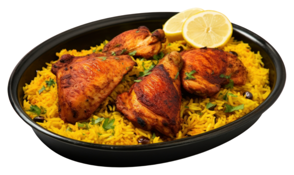 PNG Tandoori chicken with yellow rice on pan food meat vegetable.