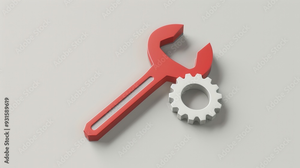 Poster a red wrench and a gray gear are displayed together, emphasizing tools and engineering in a clean an