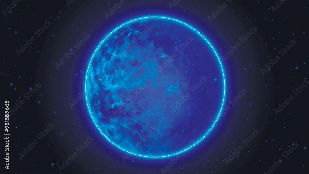 Poster close-up of a planet in space with turbulence, heat and dynamic atmosphere. glowing blue planet on d