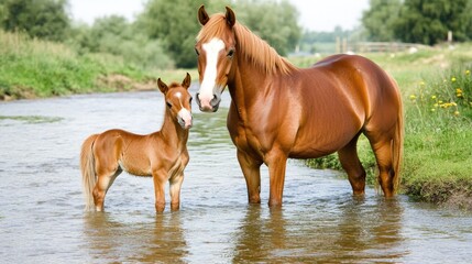 Obraz premium A mother horse stands protectively beside her foal in shallow water, surrounded by a vibrant green meadow on a bright summer day.