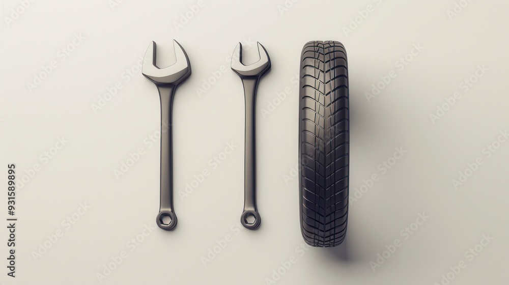 Aufkleber a tire is positioned alongside two wrenches on a light background, symbolizing vehicle repair and ma