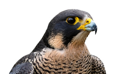 Obraz premium Close-Up of a Peregrine Falcon's Intense Gaze on white background
