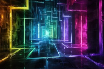 Fototapeta premium An abstract holographic maze, with walls and pathways glowing in various colors.