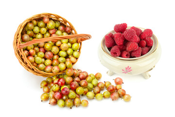 Ripe raspberries in a porcelain bowl and gooseberries in a wicker basket. Collage.
