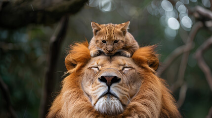 Fototapeta premium an orange cat was sitting on a lion's head