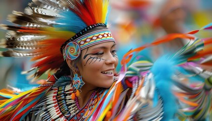 Fototapeta premium Powwow dancers, traditional regalia, dynamic movement, vibrant colors, high detail