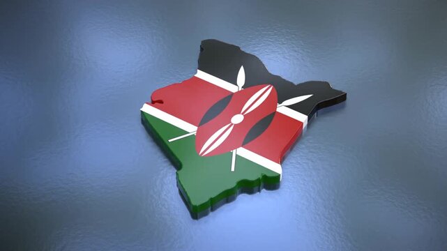 3D map of Kenya moving on a gray glossy textured floor. The country's area features the Kenya flag texture with a luma matte effect. 3d rendering