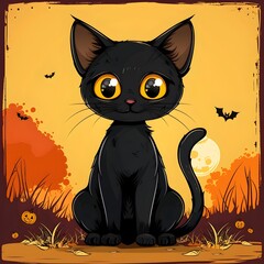 Playful Black Cat in Whimsical Halloween Landscape with Bats and Pumpkins