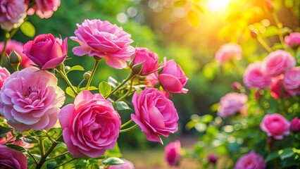 Blooming pink roses in the garden on a sunny day. Rose The Ancient Mariner, pink, roses, garden, sunny, day, blooming