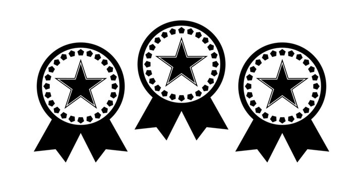 Medals icon black white with star. Gold, silver and bronze medal with red ribbon concept. Awards Trophies and winning medal themed thin line Icon. Champion award. Template vector illustration