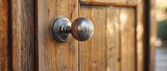 Closeup of a Polished Silver Door Knob on a Wooden Door