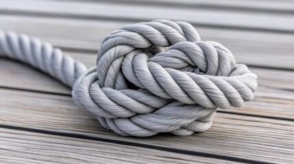 Obraz premium A nautical knot is coiled tightly on the deck of an old sailboat, illuminated by bright sunlight with soft shadows accentuating its details