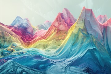 An abstract holographic mountain range, with peaks and valleys shifting colors as if alive.