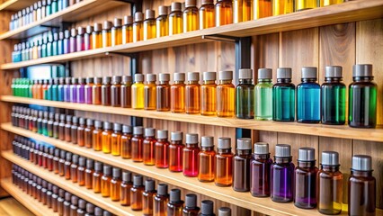 Fototapeta premium Shelves filled with vials of colored essential oils, aromatherapy, wellness, natural, alternative medicine, health