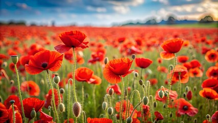 Fototapeta premium Field of blooming red poppies , flowers, field, nature, landscape, beauty, vibrant, red, blooming, petals, meadow, colorful