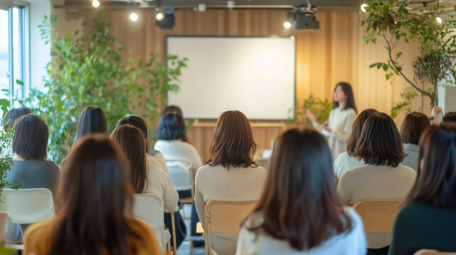 女性のためのセミナー。女性講師の話を真剣に聞くアジア人女性の参加者たちが大勢座っている。