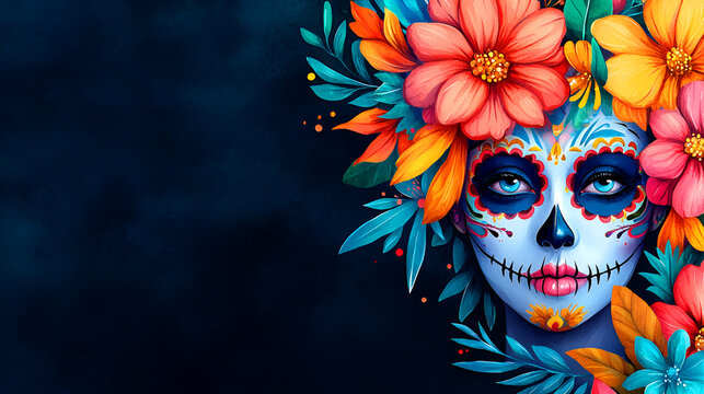Watercolor illustration of beautiful woman with sugar skull makeup and colorful flowers on a blue background. Day of the Dead, Halloween. Banner, poster. Copy space.
