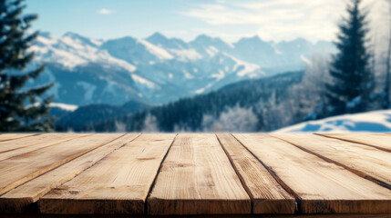 Wooden table in the foreground with a snowy city scene in the background. Perfect for winter, holiday, and outdoor themes.