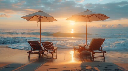 Two lounge chairs with sun umbrellas on the beach with beautiful saunset light : Generative AI