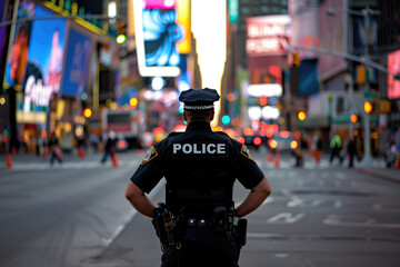 Police officer standing in the middle of a busy city street with bright lights in the background. Concepts of law enforcement, urban safety, and public service.