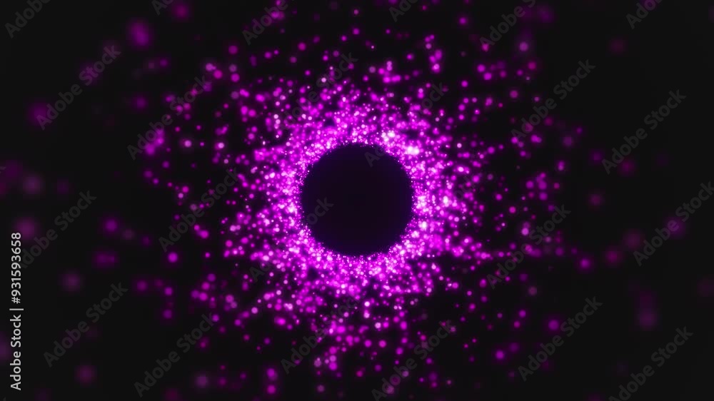 Poster video animation of pink particles in a tunnel on a dark background - abstract background.