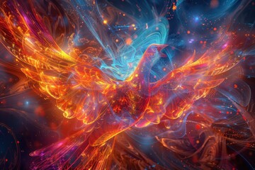 An abstract holographic phoenix rising, with feathers made of light.