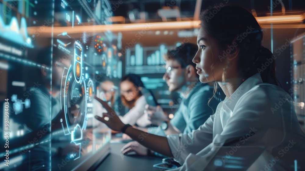 Poster focused woman interacting with futuristic touchscreen displays in a data-driven environment. concept