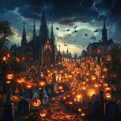 Gothic cathedral with jack-o'-lanterns and lightning

