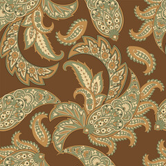 Paisley vector seamless design featuring stunning flowers and leaves in a batik-inspired style. Vintage backdrop