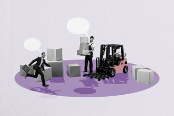 Composite artwork sketch image collage of office team work together two young man worker delivery stuff hold box office manager run fast