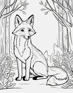 Fox sits amidst tall trees and lush foliage in tranquil forest setting. Colouring book page outline, line art drawing