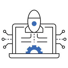 An icon representing cloud-based AI deployment with a rocket launching from a laptop, symbolizing innovation, cloud computing, and AI-driven development.